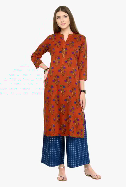 Varanga Rust Floral Print Cotton Kurta Varanga Rust Floral Print Cotton Kurta