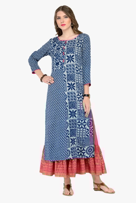 Varanga Blue & Pink Printed Kurta With Skirt Varanga Blue & Pink Printed Kurta With Skirt