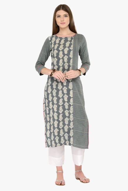 Varanga Grey Printed Cotton Kurta Varanga Grey Printed Cotton Kurta