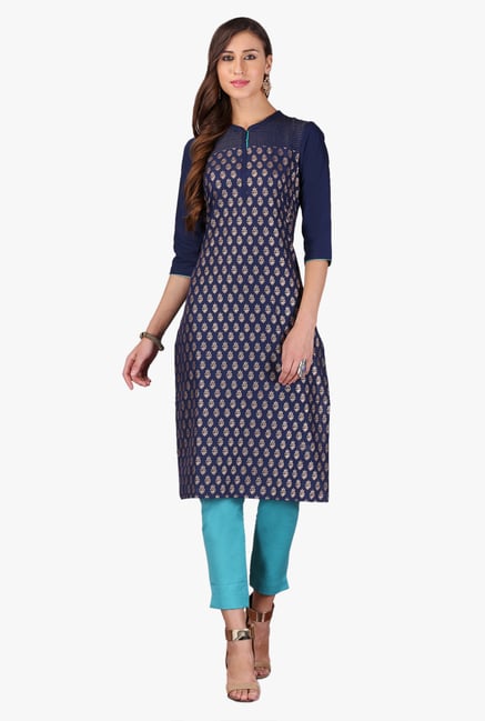 Aurelia Navy Printed Cotton Kurta Aurelia Navy Printed Cotton Kurta
