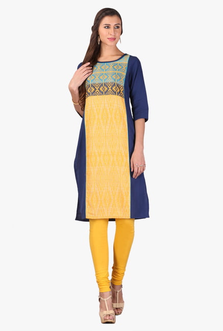 Aurelia Yellow & Navy Embroidered Rayon Kurta Aurelia Yellow & Navy Embroidered Rayon Kurta