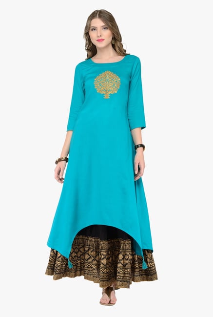 Varanga Teal & Black Embroidered Kurta With Skirt Varanga Teal & Black Embroidered Kurta With Skirt