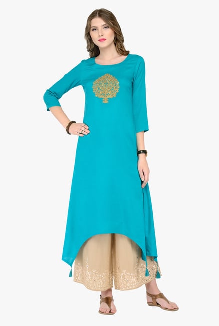 Varanga Teal & Beige Embroidered Kurta With Palazzos Varanga Teal & Beige Embroidered Kurta With Palazzos