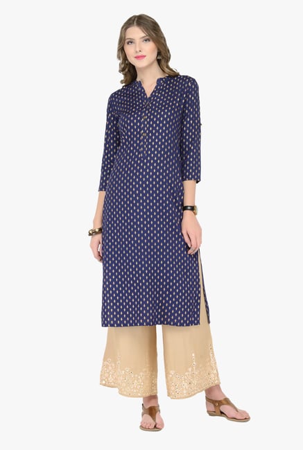 Varanga Navy & Beige Printed Kurta With Palazzos Varanga Navy & Beige Printed Kurta With Palazzos