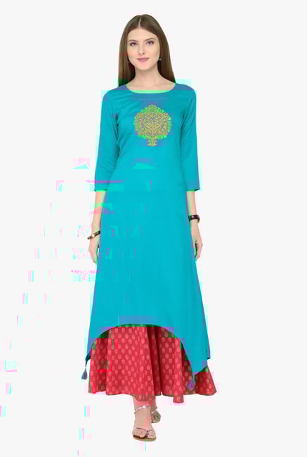 Varanga Teal & Pink Embroidered Kurta With Palazzos Varanga Teal & Pink Embroidered Kurta With Palazzos
