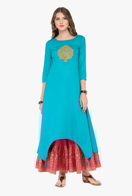 Varanga Teal & Pink Embroidered Kurta With Skirt Varanga Teal & Pink Embroidered Kurta With Skirt