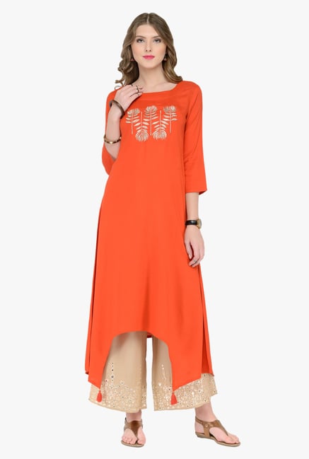 Varanga Orange & Beige Embroidered Kurta With Palazzos Varanga Orange & Beige Embroidered Kurta With Palazzos