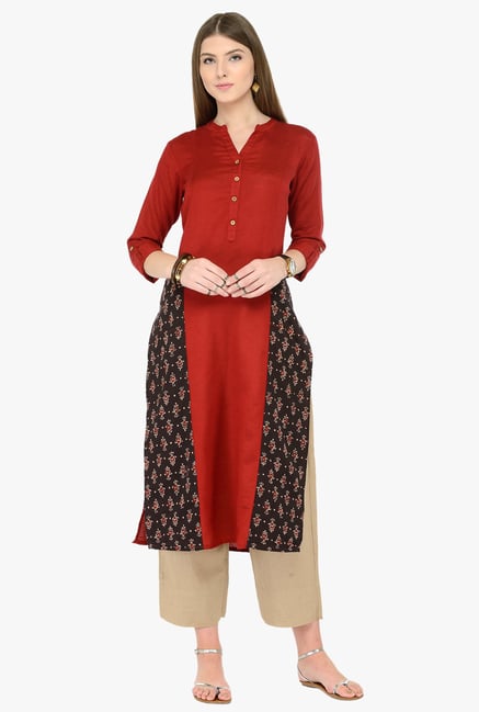 Varanga Maroon & Beige Solid Kurta With Pants Varanga Maroon & Beige Solid Kurta With Pants