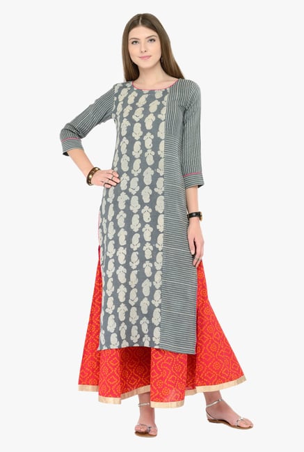 Varanga Grey & Pink Printed Kurta With Palazzos Varanga Grey & Pink Printed Kurta With Palazzos