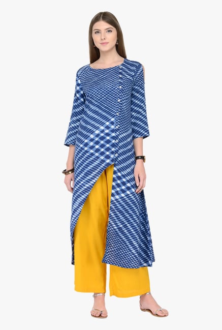 Varanga Blue & Yellow Printed Kurta With Palazzos Varanga Blue & Yellow Printed Kurta With Palazzos