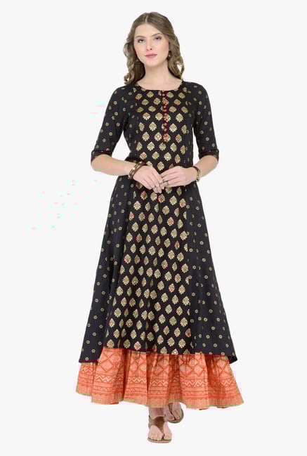 Varanga Black & Orange Printed Kurta With Skirt Varanga Black & Orange Printed Kurta With Skirt