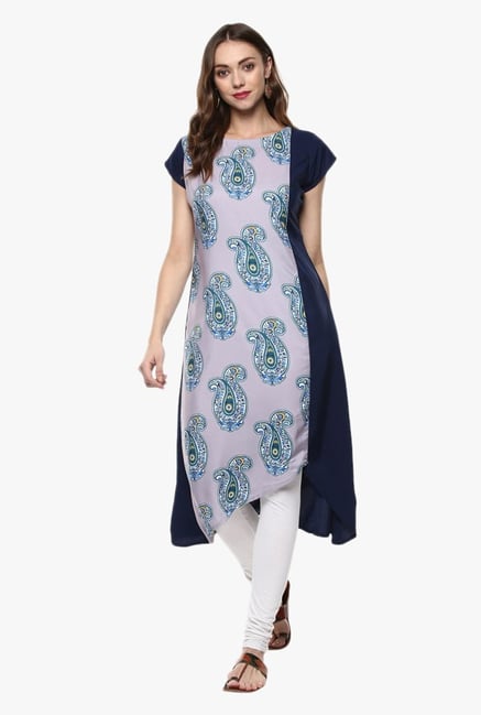 Ziyaa Purple & Navy Paisley Print Crepe Kurta Ziyaa Purple & Navy Paisley Print Crepe Kurta