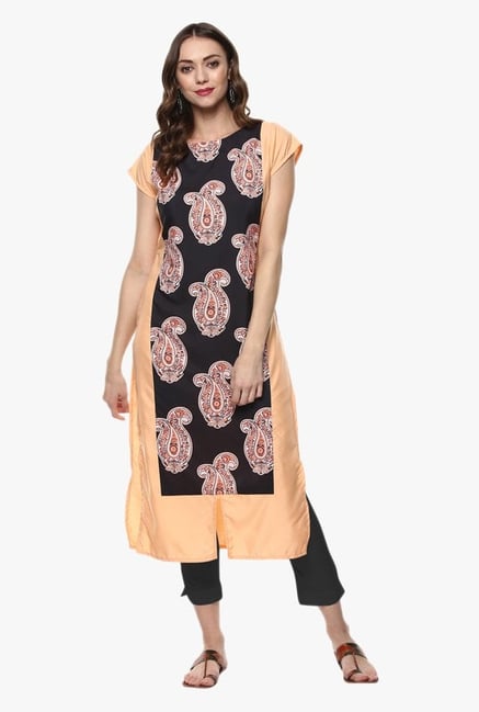Ziyaa Peach & Black Paisley Print Crepe Kurta Ziyaa Peach & Black Paisley Print Crepe Kurta