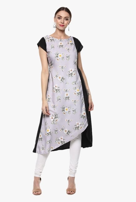 Ziyaa Grey Floral Print Crepe Kurta Ziyaa Grey Floral Print Crepe Kurta