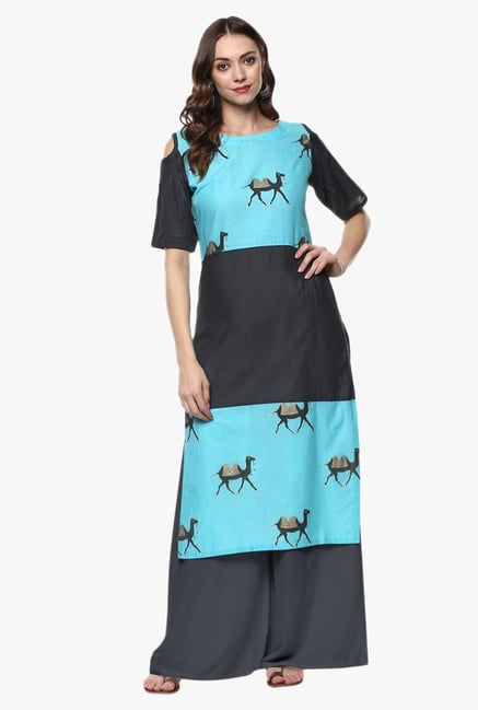 Ziyaa Blue & Black Printed Crepe Kurta Ziyaa Blue & Black Printed Crepe Kurta