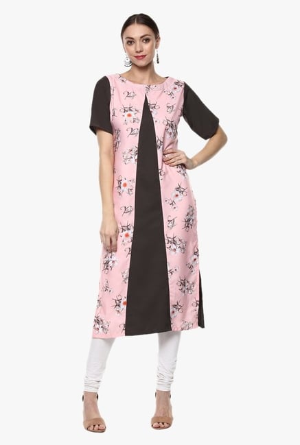 Ziyaa Peach & Black Floral Print Crepe Kurta Ziyaa Peach & Black Floral Print Crepe Kurta