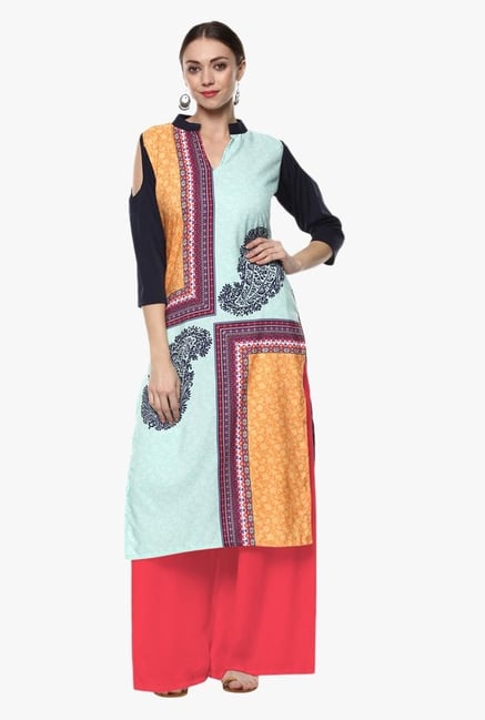 Ziyaa Blue & Orange Paisley Print Crepe Kurta Ziyaa Blue & Orange Paisley Print Crepe Kurta