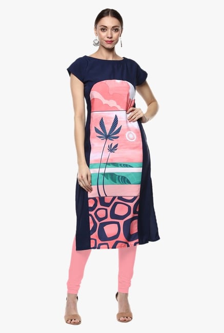 Ziyaa Navy & Pink Printed Crepe Kurta Ziyaa Navy & Pink Printed Crepe Kurta