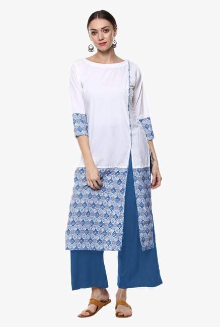 Ziyaa Off White & Blue Printed Crepe Kurta Ziyaa Off White & Blue Printed Crepe Kurta