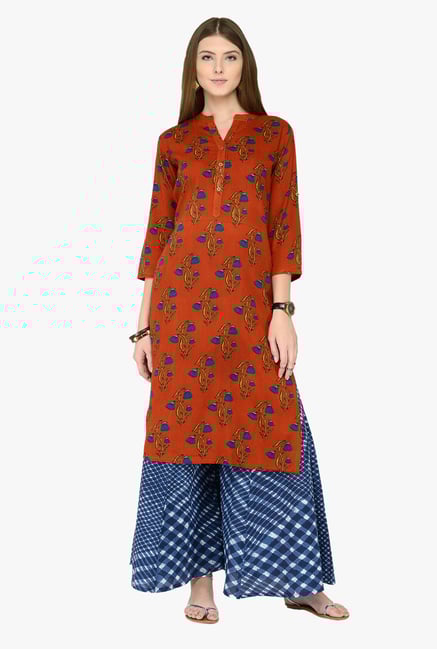 Varanga Rust & Blue Printed Cotton Kurta With Palazzos Varanga Rust & Blue Printed Cotton Kurta With Palazzos