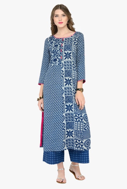 Varanga Blue & Blue Printed Kurta With Palazzos Varanga Blue & Blue Printed Kurta With Palazzos