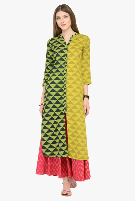 Varanga Olive & Pink Printed Kurta With Palazzos Varanga Olive & Pink Printed Kurta With Palazzos