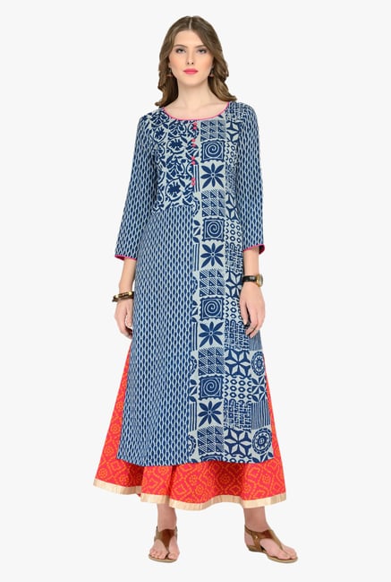 Varanga Blue & Orange Printed Kurta With Palazzos Varanga Blue & Orange Printed Kurta With Palazzos