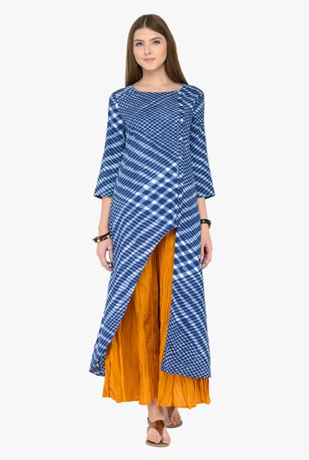 Varanga Blue & Mustard Printed Kurta With Palazzos Varanga Blue & Mustard Printed Kurta With Palazzos