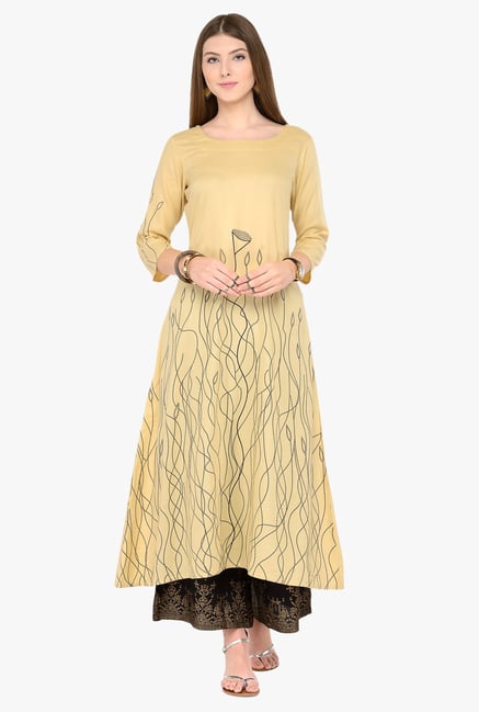 Varanga Beige & Black Printed Kurta With Palazzos Varanga Beige & Black Printed Kurta With Palazzos