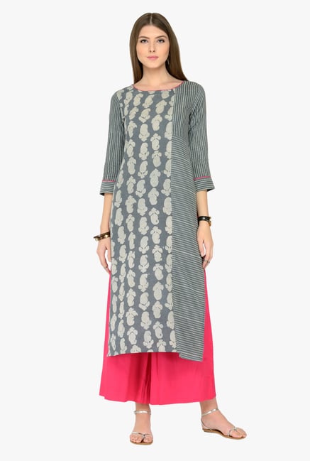 Varanga Grey & Pink Printed Kurta With Palazzos Varanga Grey & Pink Printed Kurta With Palazzos