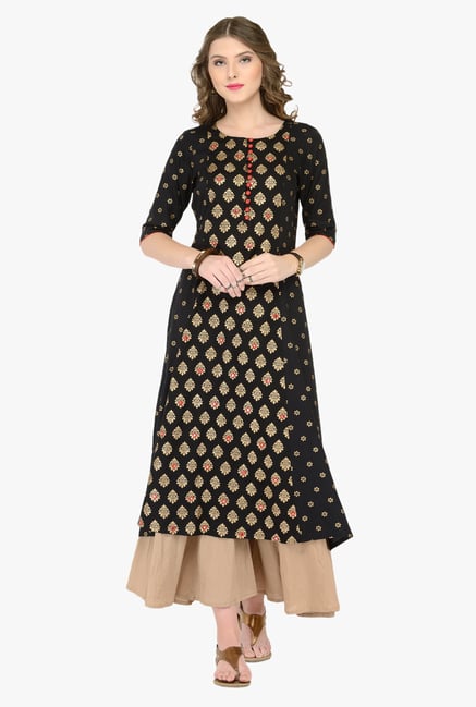 Varanga Black & Beige Printed Kurta With Palazzos Varanga Black & Beige Printed Kurta With Palazzos