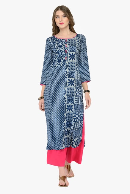 Varanga Blue & Pink Printed Kurta With Palazzos Varanga Blue & Pink Printed Kurta With Palazzos