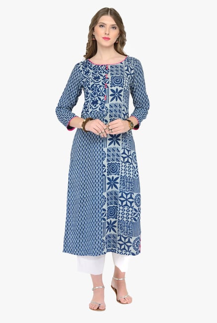 Varanga Blue & White Printed Kurta With Pants Varanga Blue & White Printed Kurta With Pants