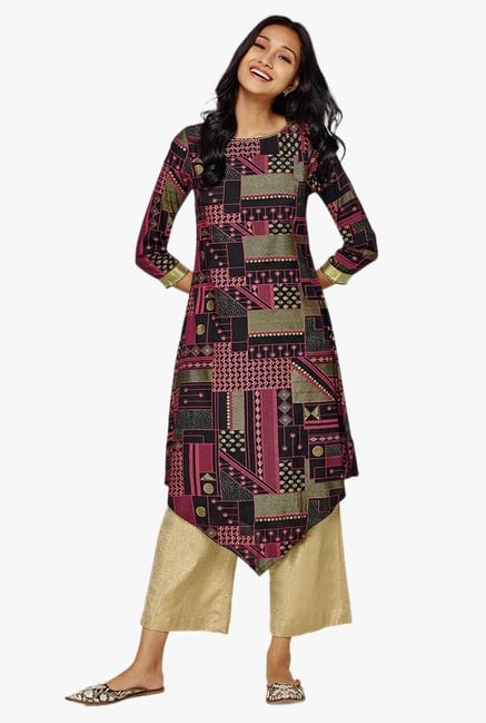 Global Desi Black Printed Asymmetric Kurta Global Desi Black Printed Asymmetric Kurta