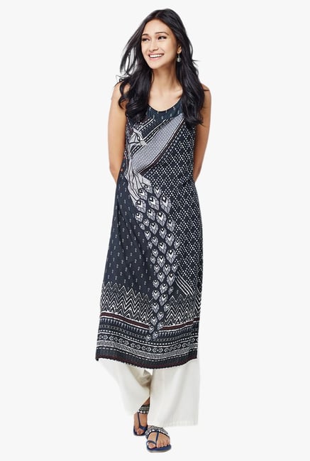 Global Desi Black Peacock Print Kurta Global Desi Black Peacock Print Kurta
