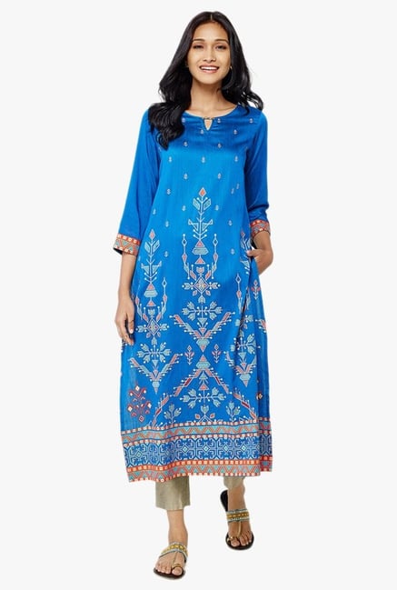 Global Desi Akito Ink Blue Printed Kurta Global Desi Akito Ink Blue Printed Kurta