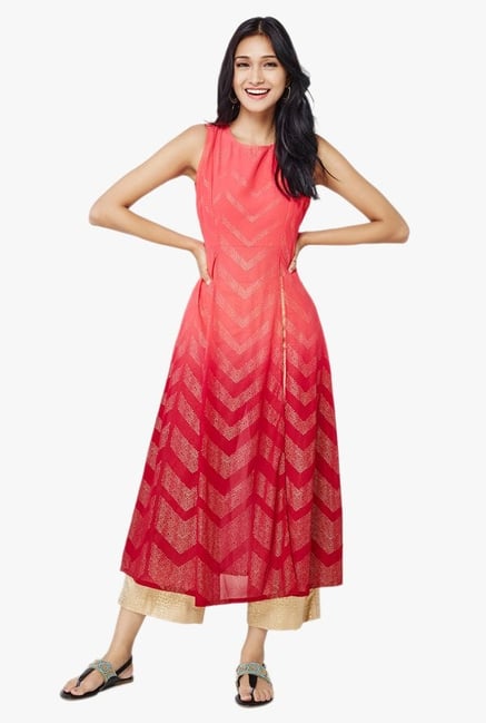 Global Desi Tara Front Double Slit Coral Printed Kurta Global Desi Tara Front Double Slit Coral Printed Kurta