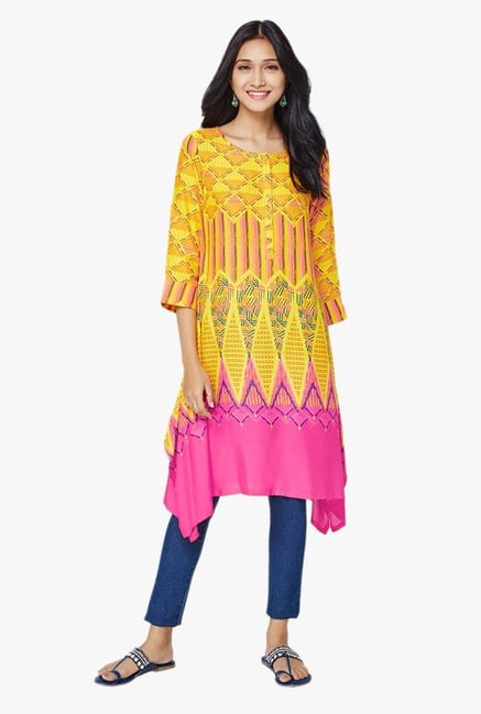 Global Desi Yellow Printed Asymmetric Kurta Global Desi Yellow Printed Asymmetric Kurta