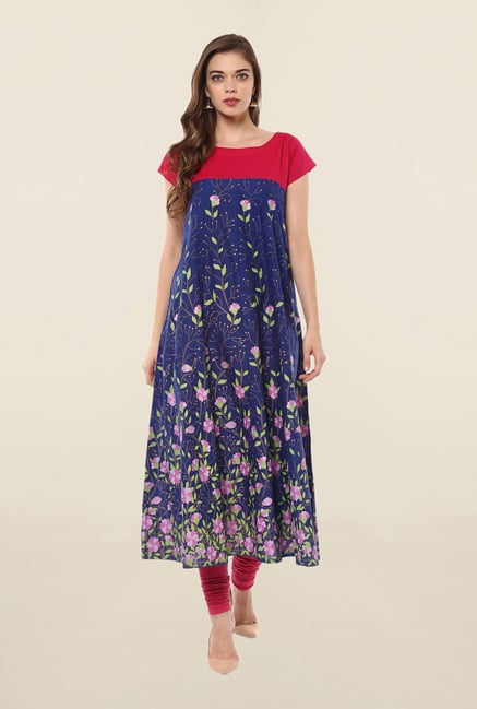 Ahalyaa Blue Printed Cotton Anarkali Kurta Ahalyaa Blue Printed Cotton Anarkali Kurta