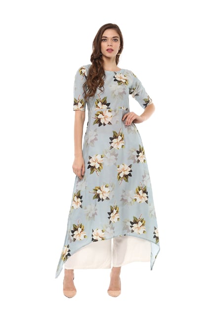 Ahalyaa Blue Floral Print Cotton Kurta Ahalyaa Blue Floral Print Cotton Kurta