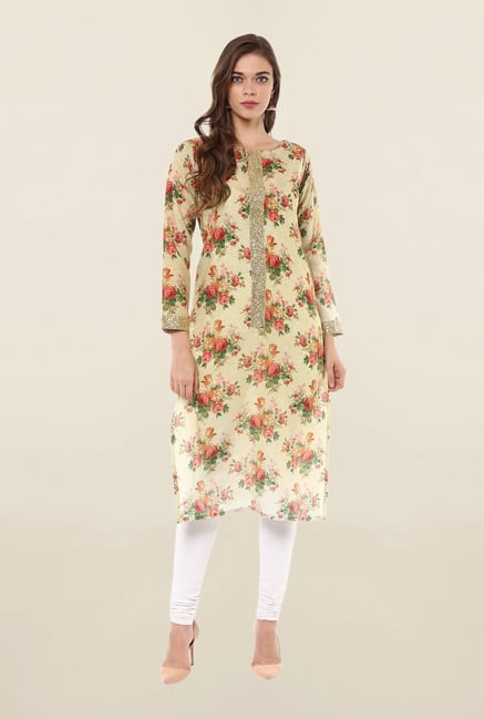Ahalyaa Beige Floral Print Cotton Kurta Ahalyaa Beige Floral Print Cotton Kurta