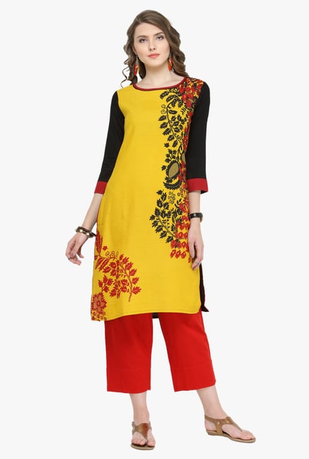 Varanga Mustard & Red Printed Kurta With Pants Varanga Mustard & Red Printed Kurta With Pants