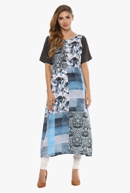 Ziyaa White & Blue Floral Print Kurta Ziyaa White & Blue Floral Print Kurta
