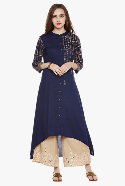 Varanga Navy & Beige Printed Kurta With Palazzo Varanga Navy & Beige Printed Kurta With Palazzo