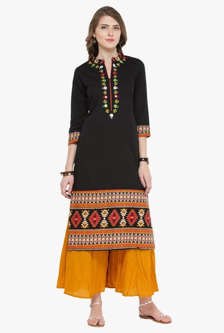 Varanga Black & Mustard Embroidered Kurta With Palazzo Varanga Black & Mustard Embroidered Kurta With Palazzo