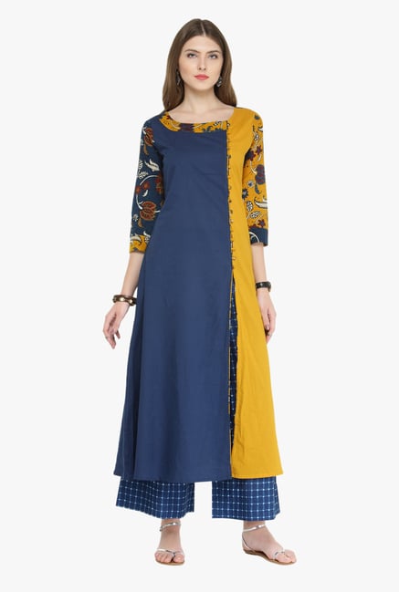 Varanga Blue Printed Cotton Kurta With Palazzo Varanga Blue Printed Cotton Kurta With Palazzo