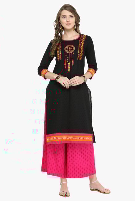 Varanga Black & Fuchsia Embroidered Cotton Kurta With Palazzo Varanga Black & Fuchsia Embroidered Cotton Kurta With Palazzo