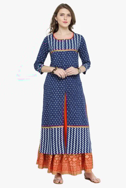 Varanga Indigo & Rust Printed Cotton Kurta With Skirt Varanga Indigo & Rust Printed Cotton Kurta With Skirt