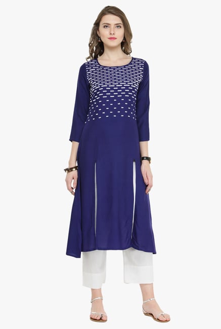 Varanga Blue & White Embroidered Kurta With Pants Varanga Blue & White Embroidered Kurta With Pants