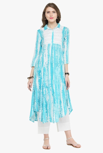 Varanga Blue & White Printed Kurta With Pants Varanga Blue & White Printed Kurta With Pants